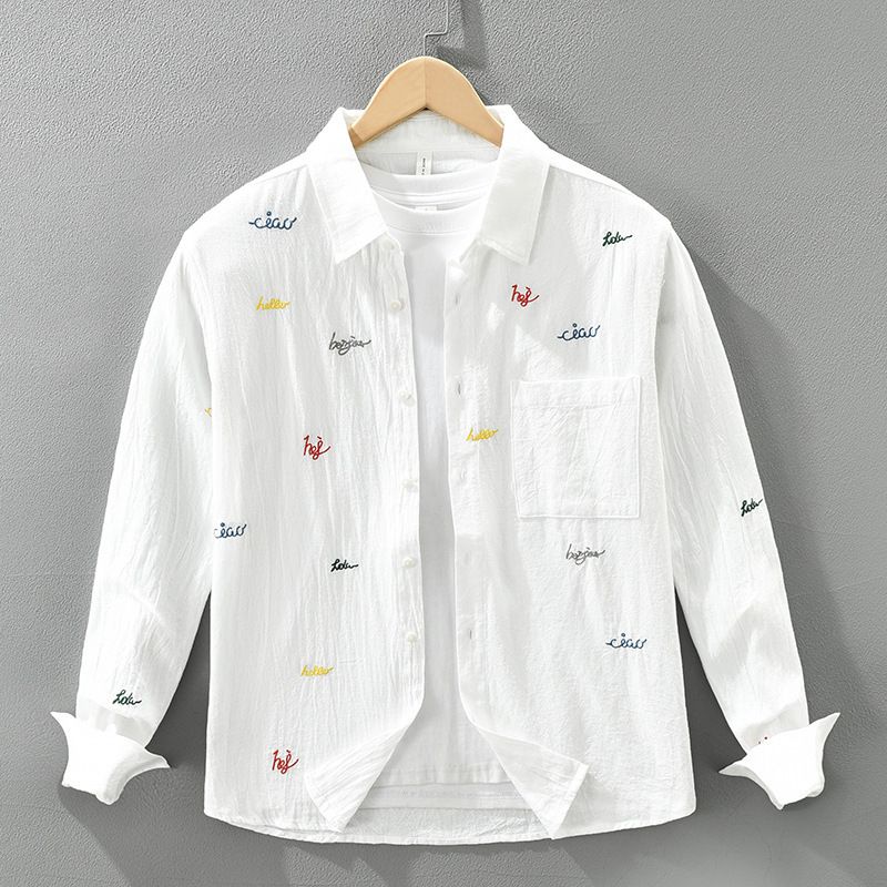 Fresh Embroidered Long Sleeved Shirt For Men, Fashionable And Versatile, Artistic And Casual Loose Top_viptrois.com