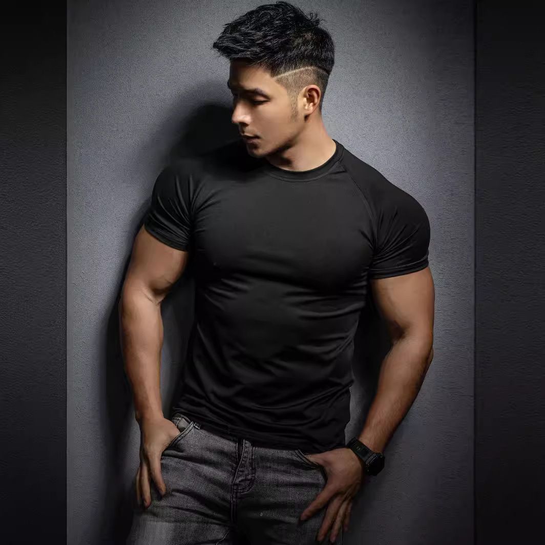 Men's Clothing New Casual Running Sports Fitness Strength Solid Color Training Exercise Quick Drying Stretch Short Sleeved T Shirt_viptrois.com