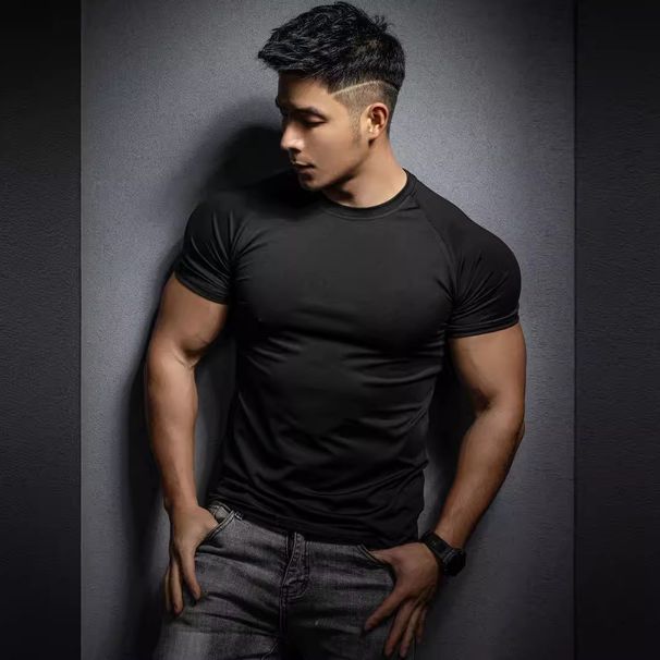 Men's Clothing New Casual Running Sports Fitness Strength Solid Color Training Exercise Quick Drying Stretch Short Sleeved T Shirt_viptrois.com