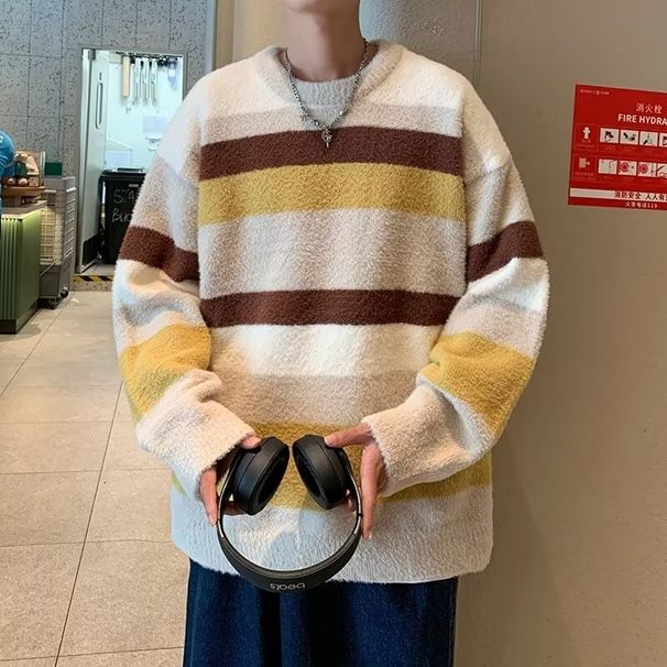 Soft Velvet Color Blocked Striped Knitted Shirt For Autumn And Winter Vintage Versatile Casual Loose_viptrois.com