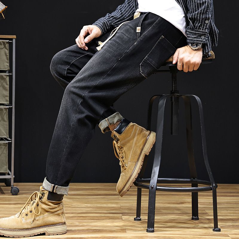 Factory Direct Supply Autumn And Winter New Elastic Waist Sports Harlan Pants Men's High-quality Heavy Industry Large-size Denim Trousers Men's_viptrois.com