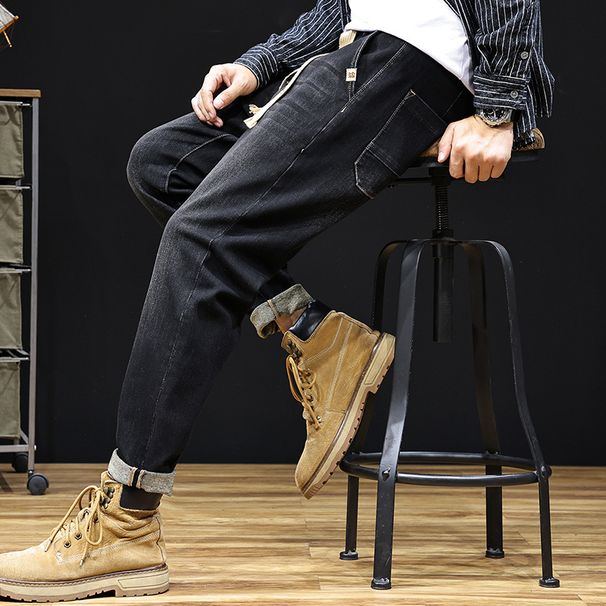 Factory Direct Supply Autumn And Winter New Elastic Waist Sports Harlan Pants Men's High-quality Heavy Industry Large-size Denim Trousers Men's_viptrois.com