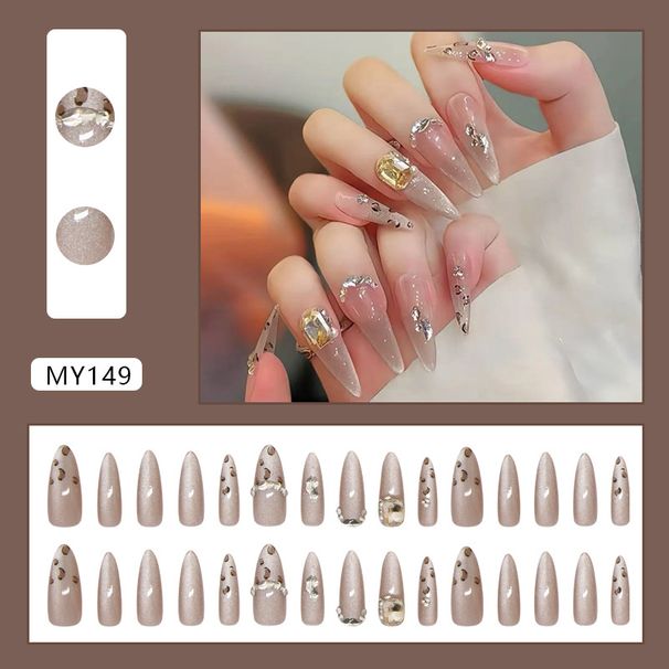 Beauty & Health Temperament Flash Champagne Leopard Cat Eye Elegant White Ins Style Detachable Diamond Wearable Nail 30 Pieces_viptrois.com