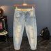 Men's Clothing 2025 New Light Colored Ripped Nine Point Jeans Men's Summer Thin Slim Elastic Loose Harem Trendy Pants_viptrois.com