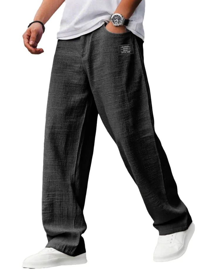 Men's Clothing Casual Cotton Linen Drawstring Waist Pants With Embroidered Logo, Relaxed Fit, Multiple Pockets, Available In 10 Colors_viptrois.com