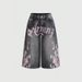European And American Popular Letter Retro Cherry Blossom Denim Shorts Women's Hip Hop Street Print Casual Loose Casual Cropped Pants_viptrois.com