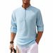 Men's Solid Color Pullover Henley Shirt Cotton Stand Collar Long Sleeve Shirt_viptrois.com