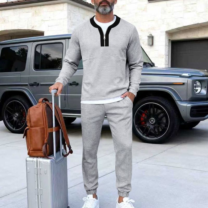 Men's Retro Waffle-Knit Polo & Pants Set - Loose Fit Long Sleeve Henley Lounge Suit, Casual Two-Piece Outfit In 5 Colors_viptrois.com