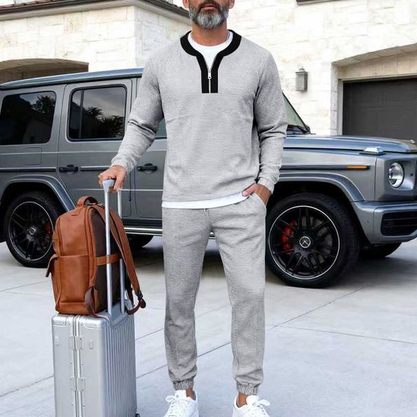 Men's Retro Waffle-Knit Polo & Pants Set - Loose Fit Long Sleeve Henley Lounge Suit, Casual Two-Piece Outfit In 5 Colors_viptrois.com