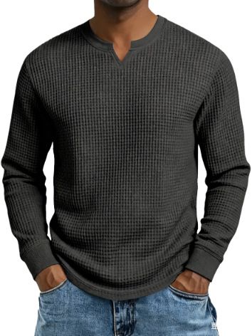 Men's Clothing Slim Fit Long Sleeve V-Neck T-Shirt For Autumn, Breathable Waffle Knit Fabric, Casual Basic Top (White, Gray, Black, Burgundy, Khaki)_viptrois.com