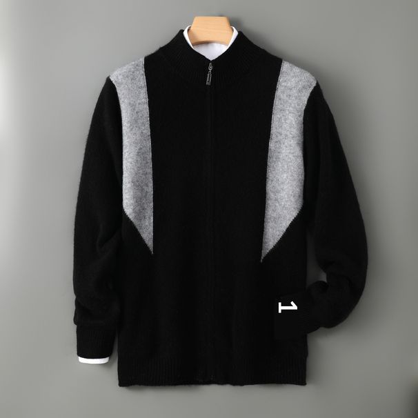 Pulse 100% Wool Cardigan For Men, Autumn And Winter New Half Turtleneck Color Block Sweater, Loose Thickened Warm Cashmere_viptrois.com