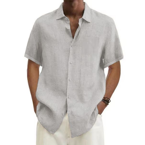 Men's Clothing New Men's Short Sleeved Shirt Cotton Lapel With Pockets Solid Color Loose Large Version Men's Shirt_viptrois.com