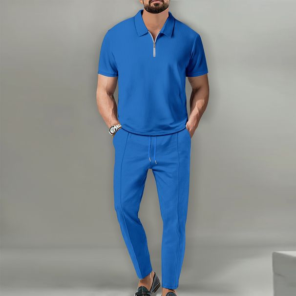 Men's 3D Printed Solid Color Waffle Suit Lapel Short Sleeve Zipper Pants Casual Spring Autumn_viptrois.com