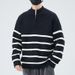New semi high neck zipper striped sweater for men in autumn and winter, simple and versatile, fashionable and loose fitting pullover base knit sweater_viptrois.com