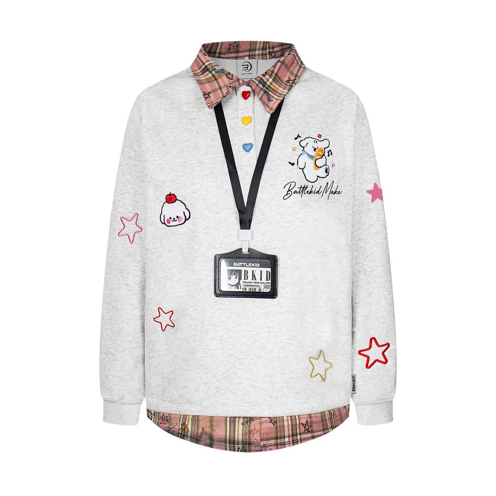 American College Style Embroidered Cartoon Two-Piece Plaid Patchwork Turn-Down Collar Sweatshirt Men's Spring And_viptrois.com