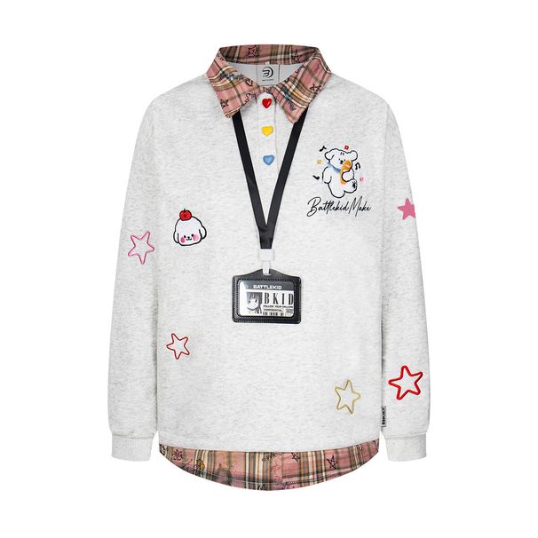 American College Style Embroidered Cartoon Two-Piece Plaid Patchwork Turn-Down Collar Sweatshirt Men's Spring And_viptrois.com