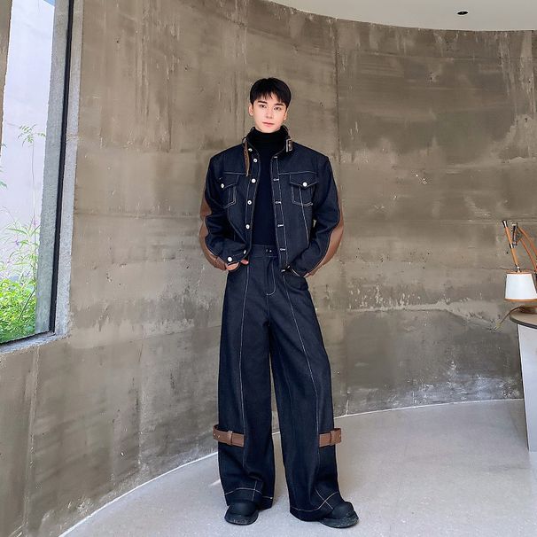 Autumn And Winter Thickened Denim Suit Personalized Patchwork Stand-up Collar Jacket Wide-leg Denim Trousers Two-piece Set_viptrois.com