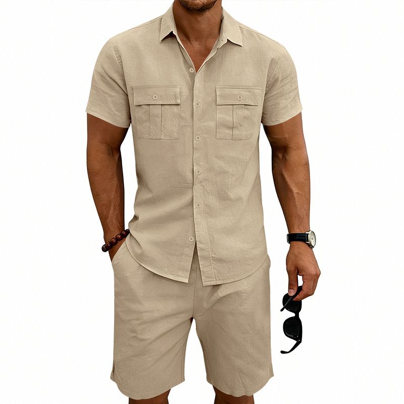 Men's Linen Short Sleeve Shirt And Pants Set, Casual Breathable Two-Piece Outfit For Summer, Relaxed Fit Linen Lounge Set_viptrois.com