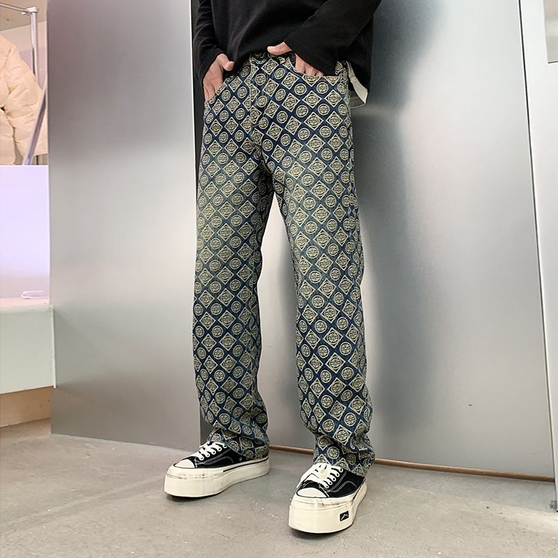 Men's Clothing Denim Jacquard Pants Men's Cool Full Print Embroidery High Street Straight Jeans Fashion Trousers_viptrois.com