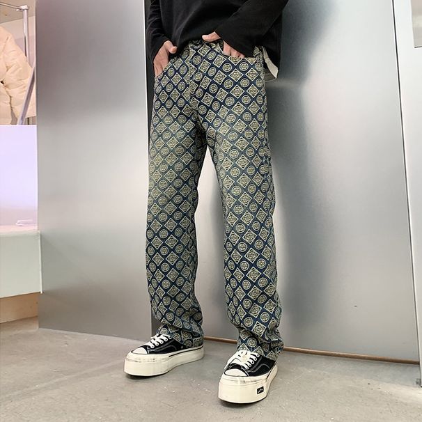 Men's Clothing Denim Jacquard Pants Men's Cool Full Print Embroidery High Street Straight Jeans Fashion Trousers_viptrois.com