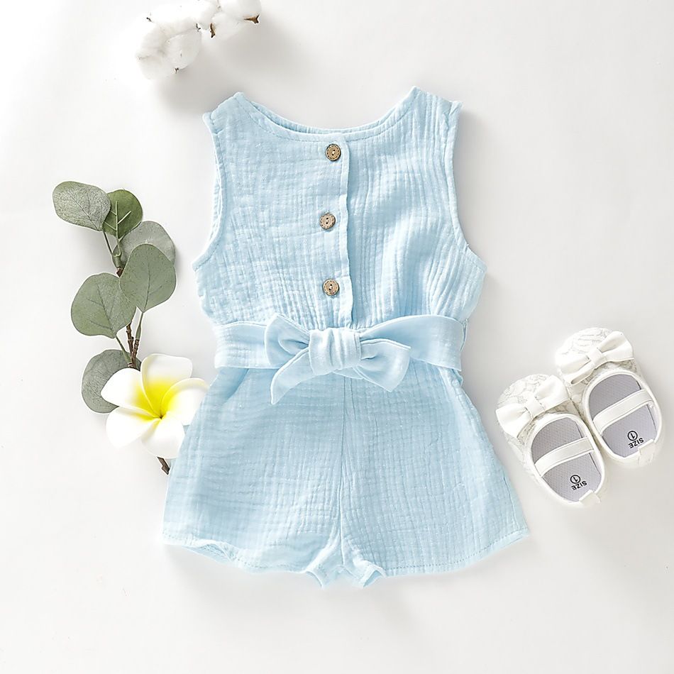 Kids' Clothing New Style Girls Baby Solid Color Button Front Tight Bow Belt Jumpsuit_viptrois.com