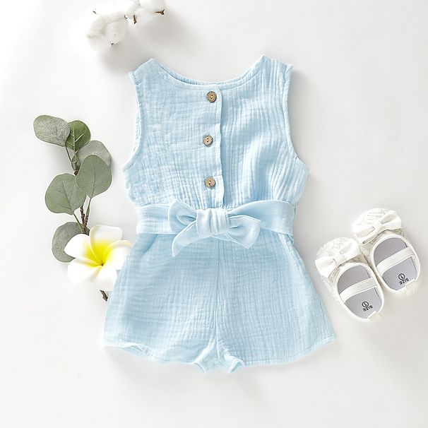 Kids' Clothing New Style Girls Baby Solid Color Button Front Tight Bow Belt Jumpsuit_viptrois.com