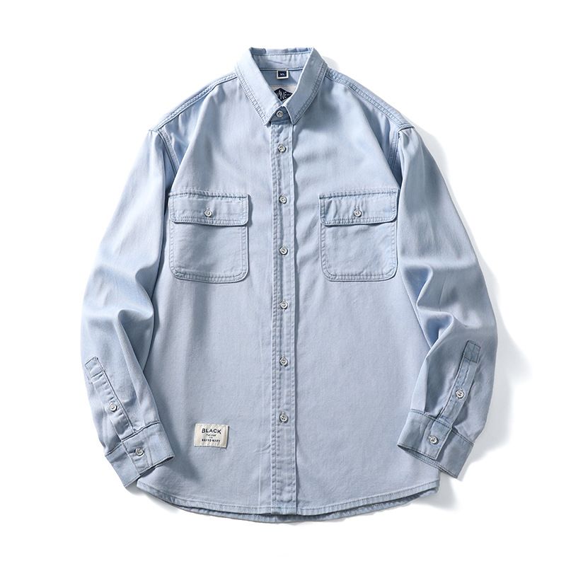 Large Size Men's Clothing New Tencel Ultra-thin Denim Shirt Spring And Summer Solid Color Fat Denim Shirt Men's Hair_viptrois.com