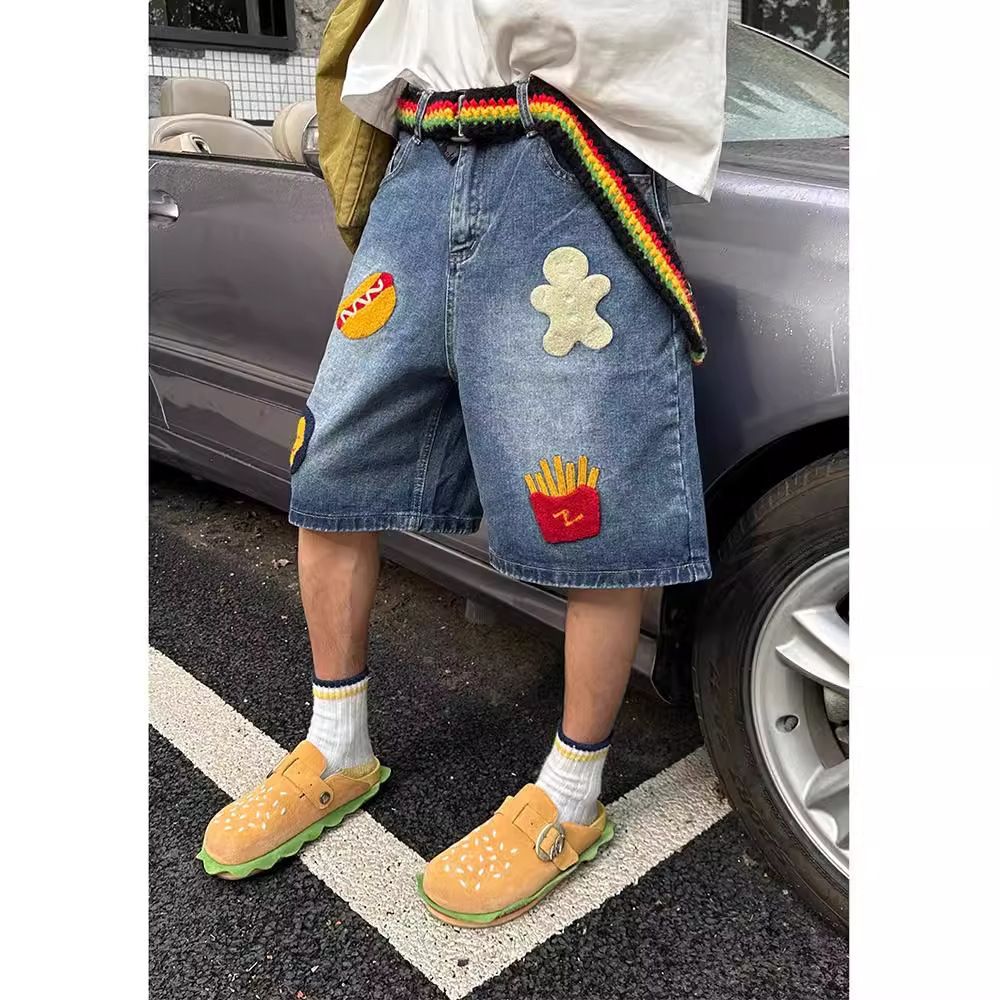 Men's Clothing Creative Fries Towel Embroidered Denim Shorts Men's Summer Retro Wide Leg Straight Loose Trendy Brand Seven Point Pants_viptrois.com
