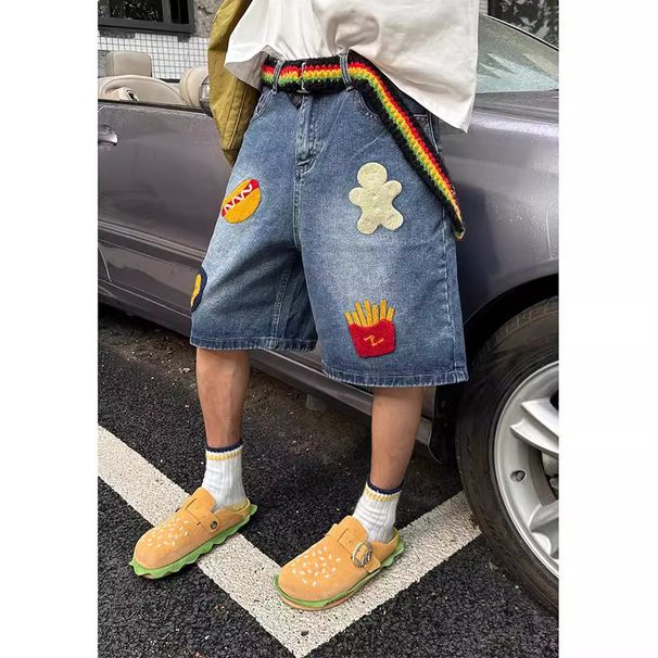 Men's Clothing Creative Fries Towel Embroidered Denim Shorts Men's Summer Retro Wide Leg Straight Loose Trendy Brand Seven Point Pants_viptrois.com