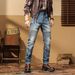 Western denim trousers retro motorcycle stretch jeans cycling spliced trousers_viptrois.com