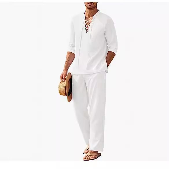 Men's Sleeve Long Pants Cotton Linen Henley Shirt Hippie Casual Beach Set Solid Color European Size_viptrois.com