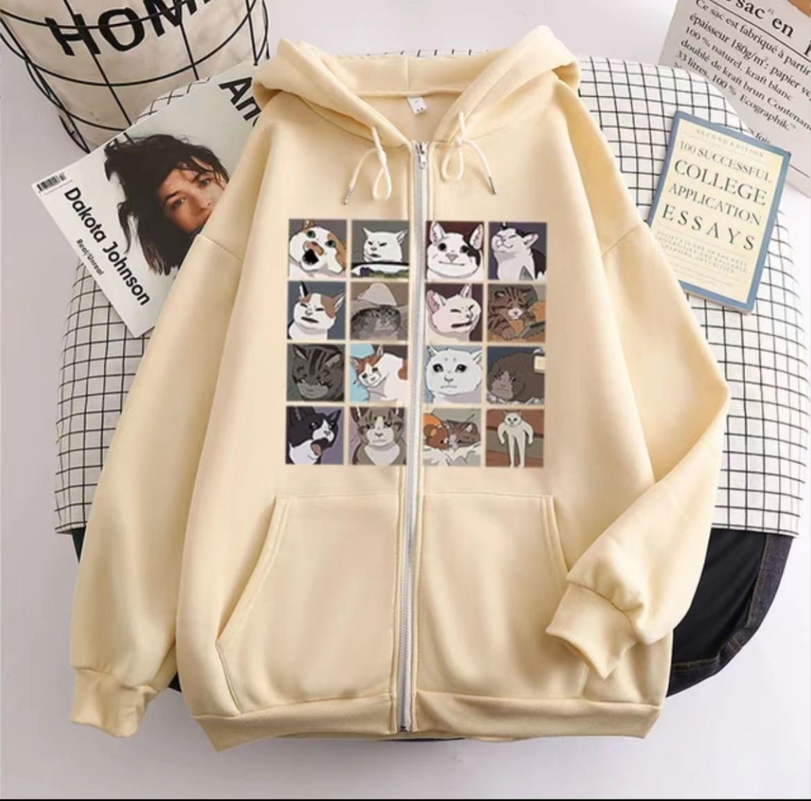 Korean Style Autumn Winter New Zipper 16 Grid Versatile Personalized Printed Hoodie Sweatshirt_viptrois.com
