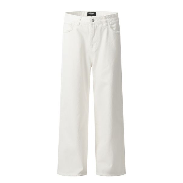 Solid Color Versatile Loose Straight Frayed Hem Cat Whiskers Jeans Men's Long Vibe Trendy American Style Casual Wide-Leg_viptrois.com