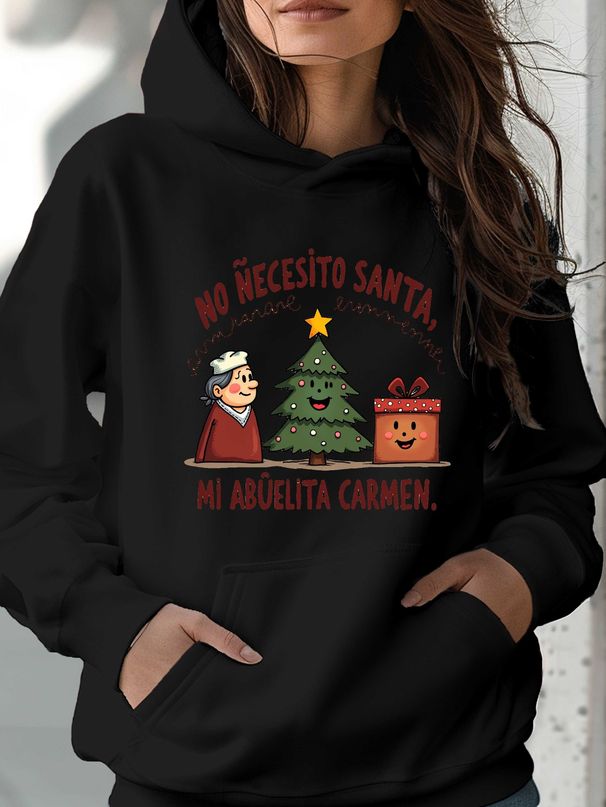 teediy Women's Spanish Christmas Hoodie - "No Necesito Santa Mi Abuelita Carmen" Quote, Green Abuela (Grandmother) & Spanish For MASA Navidad Tree_viptrois.com