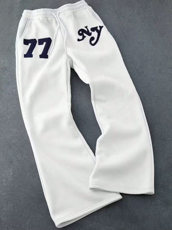 Retro American Style Fleece-Lined Sweatpants With Letter Embroidery, Drawstring Waist Unisex Thick Winter Lounge Pants_viptrois.com