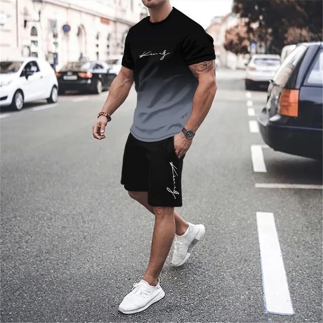 Men's Summer Plus Print Set, Fashionable And Casual Sports Short Sleeved Shorts Two-piece Set_viptrois.com