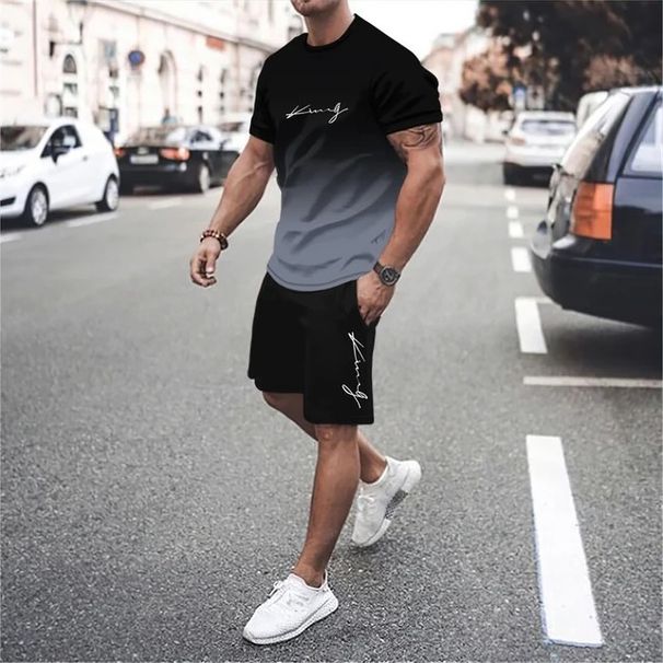 Men's Summer Plus Print Set, Fashionable And Casual Sports Short Sleeved Shorts Two-piece Set_viptrois.com