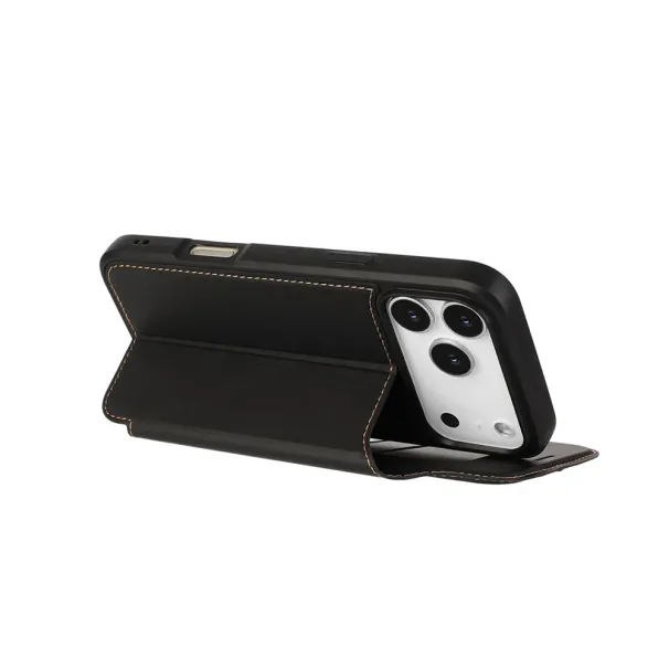 Flip Plain Leather Phone Case For IPhone 17 Pro Max 16e 17Air 16 Pro 15 Plus 14 13 Magnetic Dual Card Slot Bracket Luxury Cover_viptrois.com