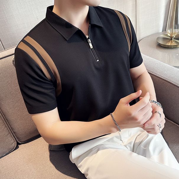 Summer New Arrival Men's Short Sleeve Polo Shirt High Elastic Ice Silk Bubble Turn down Collar T-Shirt with Half Zipper Trendy Wholesale_viptrois.com