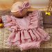 Ylsteed 2 Pieces Set Dusty Pink Chiffon Newborn Romper with Bow Hairband Dot Lace Baby Photography Outfits_viptrois.com
