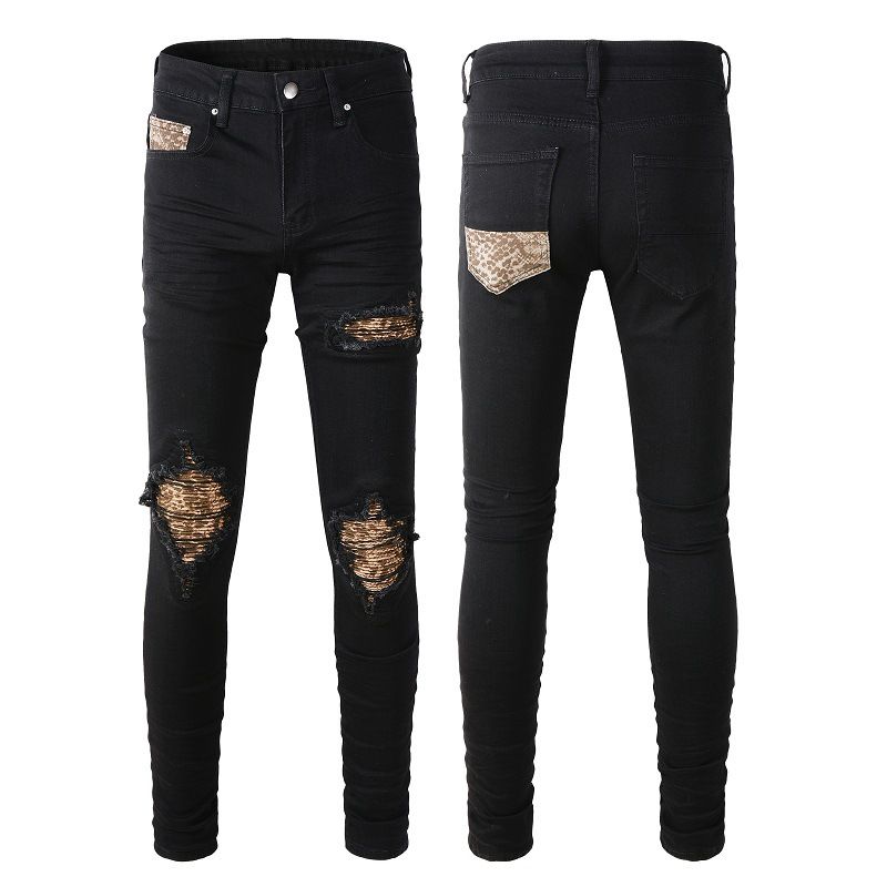 Men's Clothing American High Street Black Men's Cross Border Jeans Slim Fit Ripped Leopard Patch Beggar Stretch Trendy Men's Clothing_viptrois.com