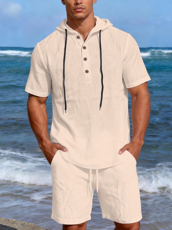 Men's Linen Casual Fashion Suit Long Sleeved Top And Five Point Shorts_viptrois.com