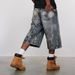 Lightning Pattern Floral Denim Cropped Shorts 14oz Over The Knee Casual Mid Length Pants Wide Leg Shorts Men's Trend_viptrois.com