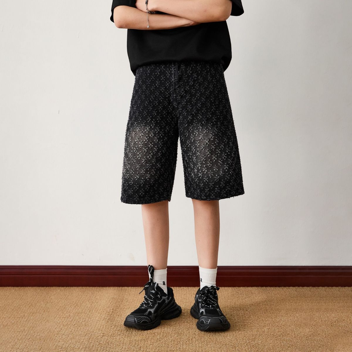Men's Jacquard Denim Shorts - Relaxed Fit Straight Leg Wide Cuff Summer Casual Trousers With Artistic Pattern, Lightweight Breathable Streetwear_viptrois.com