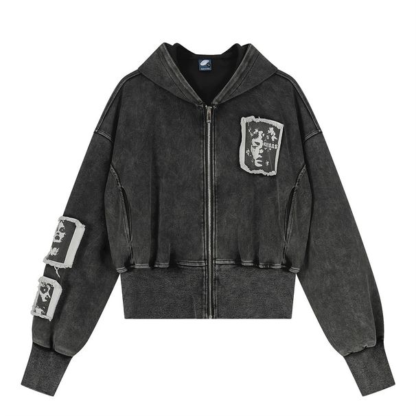 Washed Vintage Punk Hooded Cardigan Sweatshirt Unisex Trendy Street Style Character Patch Embroidery Zipper Jacket_viptrois.com