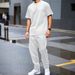 Men's Clothing Summer Men's Heavy Solid Color Jacquard Round Neck Short Sleeved T Shirt Trousers Outdoor Leisure Two Sets_viptrois.com