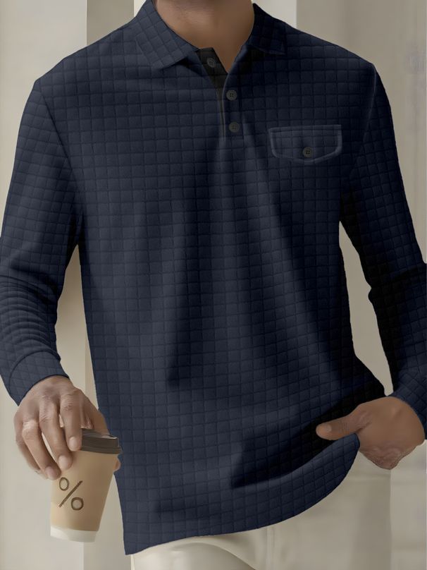 "Men's Plaid Long Sleeve Polo Shirt - Breathable Button-Down Pocket Design For Casual & Business Wear - White/Black/Grey/Orange/Navy"_viptrois.com
