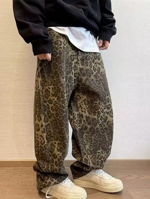 Men's American Streetwear Jeans - Loose Fit Straight-Leg Cotton Pants With Leopard Print For Urban Fashion_viptrois.com
