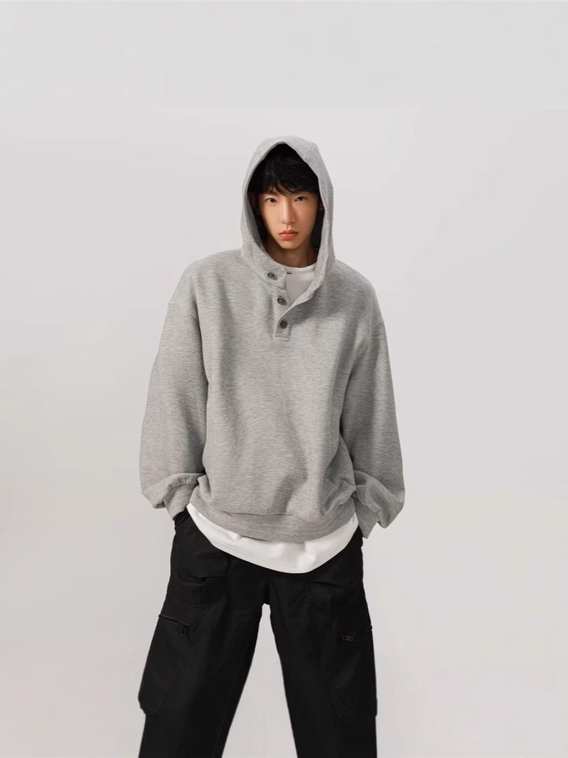 Autumn And Winter Casual Jacket Loose Niche Button High Neck Hooded Sweatshirt_viptrois.com