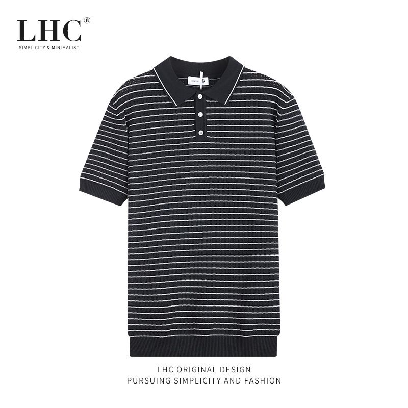 Men's Clothing Ice Silk Knitted High End Men's Polo Shirt Trendy Summer Lapel Striped Paul Business Men's Short Sleeved T Shirt_viptrois.com